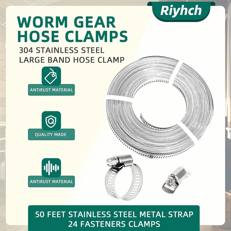 Riyhch Hose Clamp Assortment Kit, 304 Stainless Steel Large Band Hose Clamp Metal Strap + Stronger Fasteners, Adjustable Worm Gear Hose Clamps Screw Clamps (50 Feet Strap + 24 Fasteners) - Image 2